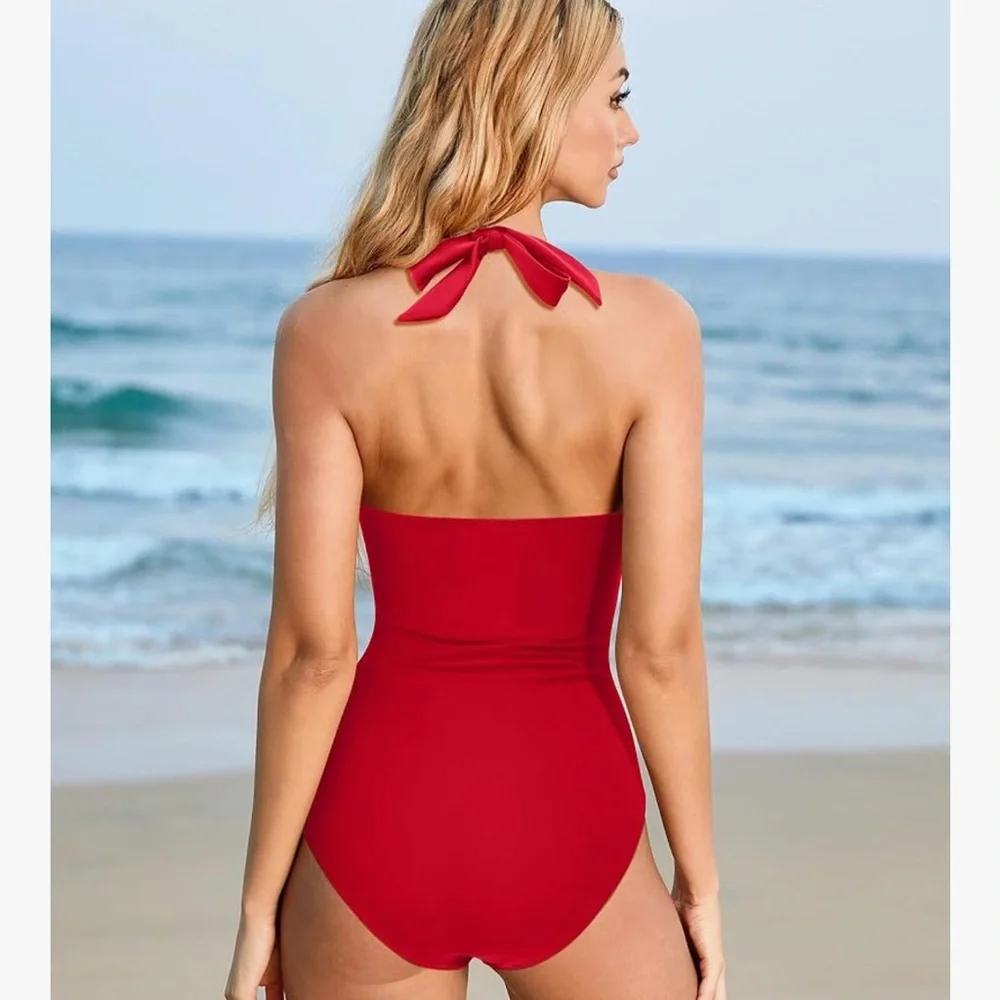 Red SUUKSESS Women Sexy Tummy Control One Piece Swimsuits Halter Push Up Swim M - Picture 3 of 8